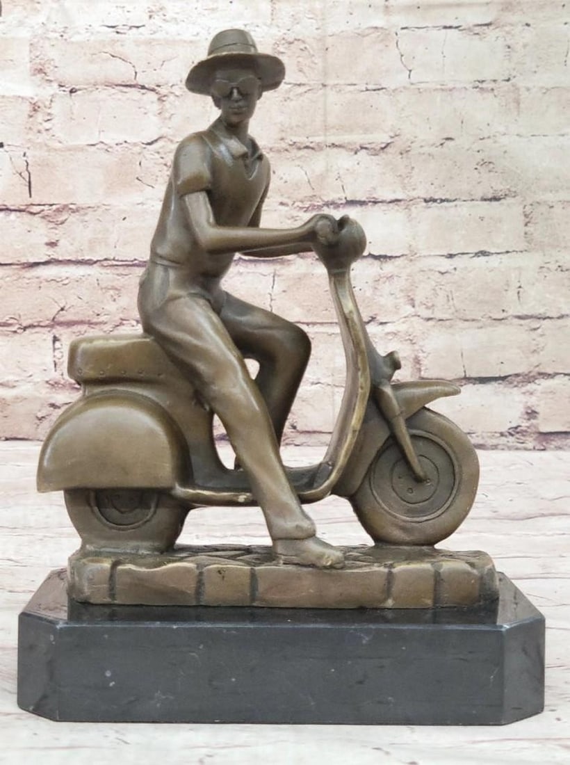 Moreau Inspired Man Riding Moped Solid Bronze Sculpture - 9" x 6.5": Moreau Inspired Man Riding Moped Solid Bronze Sculpture - 9" x 6.5" Immerse yourself in the vibrant charm of Asian culture with this exquisite bronze sculpture titled "Asian Man Riding Mo