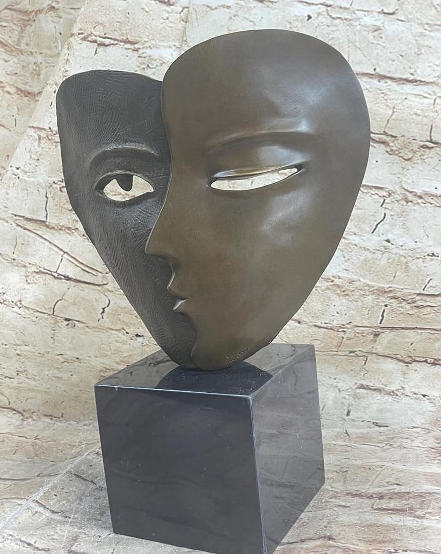 Inspired Dual Face Mask Bronze Statue Sculpture Surreal Modern Art Deco Bronze - 14lbs: The modern art sculpture with the title “Lovers” is an abstract figure that was created as homage to the great artist Picasso, the amazing Surrealism artist. “Lovers” is a simple desig