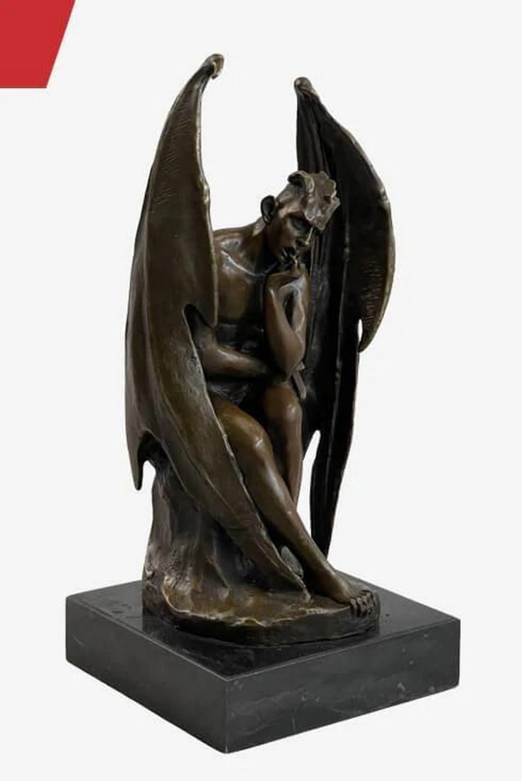 Signed Original Dark Angel Bronze Sculpture On Marble Base - 14" x 7": Signed Original Dark Angel Bronze Sculpture - 14" x 7" Introducing a captivating bronze sculpture that embodies a thought-provoking presence. This unique piece features a gargoyle devil who w