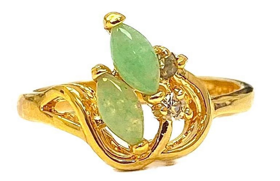 Alluring Jade and Swarovski Crystal 18kt Gold Plated Ring: Alluring Jade and Swarovski Crystal 18kt Gold Plated Ring Beautiful abstract set ring with two marquise cut jade and Swarovski crystals. Nickel Allergy Free, Base Metal- Brass, 18KTGP Yellow Gold