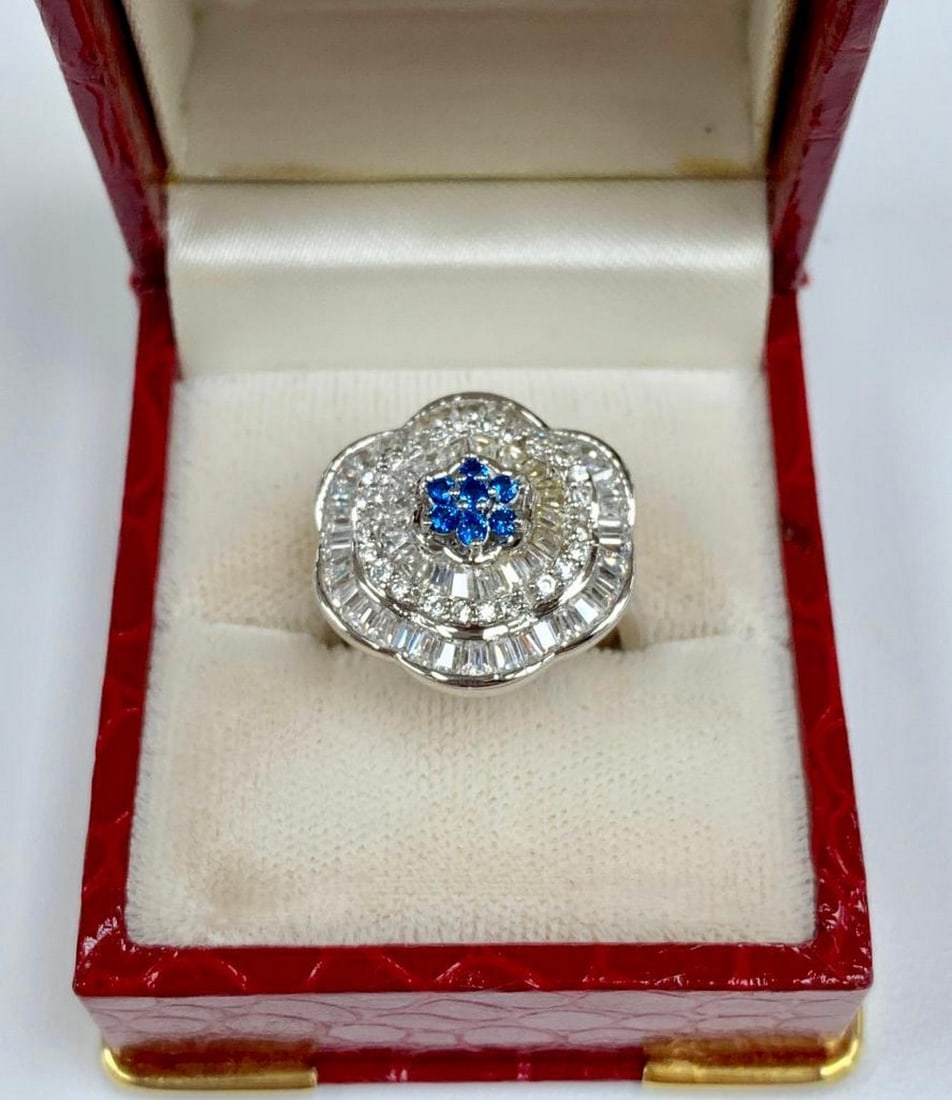 Lovely Custom Desinged Ladies Blue Citrine & Crystal Sterling Silver Ring: This lovely cluster ring is set with 7 round cut Citrine stones, each at 0.303 Carat weight. The citrine is surrounded by round cut crystals, really making the citrine pop. Please view photos for furt