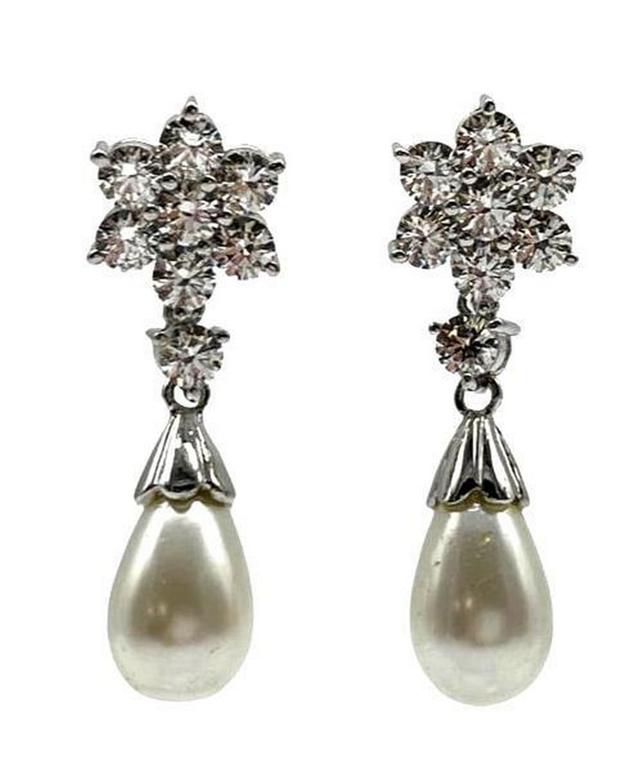 925 Sterling Silver Flower Pearl Earrings (1 of 2)