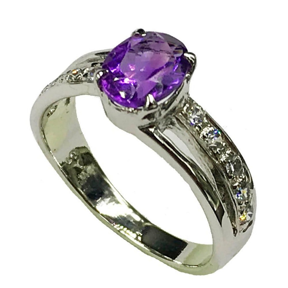 925 Sterling Silver Ring with Austrian Crystal Double Band with Amethyst Gemstone in a Halo Setting (1 of 4)