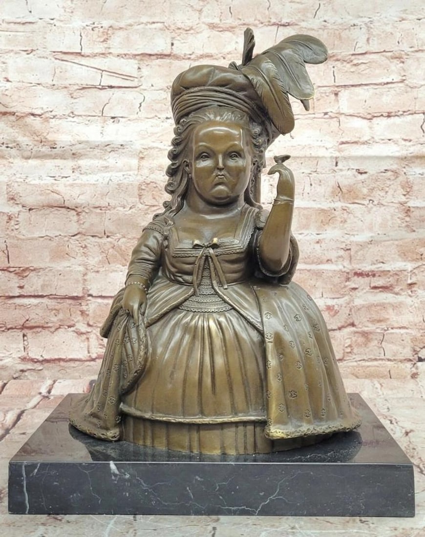 Fernando Botero Style Marie Antoinette Bronze Figurine Reproduction - 15.5" x 11.5": Fernando Botero Style Marie Antoinette Bronze Figurine Reproduction - 15.5" x 11.5" This bronze figurine depicts Marie Antoinette in the signature rounded and voluminous style inspired by Fern