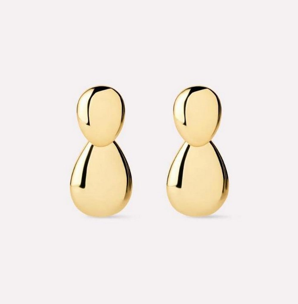 14K Gold-Plated Pebble Drop Earrings: 14K Gold-Plated Pebble Drop Earrings These drop earrings feature 14k gold plating over brass with two pebble-shaped pendants. The design emphasizes clean lines and a minimalist aesthetic, making them