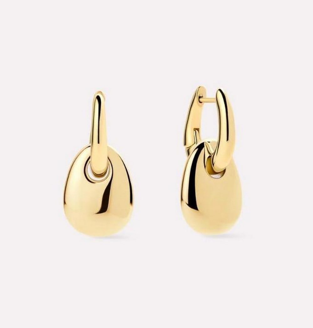 14K Gold-Plated Pebble Drop Earrings: 14K Gold-Plated Pebble Drop Earrings Designed to be dressed up or down and worn every day, these drop earrings feature 14k gold plating over brass with simple hoops and dangling pebble-inspired pendan