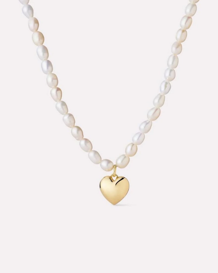 14K Gold-Plated Heart Necklace with Freshwater Pearls: 14K Gold-Plated Heart Necklace with Freshwater Pearls This necklace features 14k gold plating with delicate freshwater pearls and a puffy heart-shaped pendant in a polished finish. Designed for versat