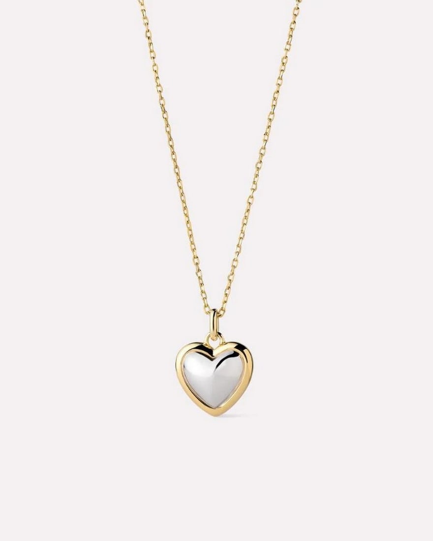 14K Gold & Rhodium-Plated Puffy Heart Pendant Necklace: 14K Gold & Rhodium-Plated Puffy Heart Pendant Necklace This necklace features 14k gold and rhodium plating with a dainty linked chain and a puffy heart-shaped pendant in a two-tone design. The mix