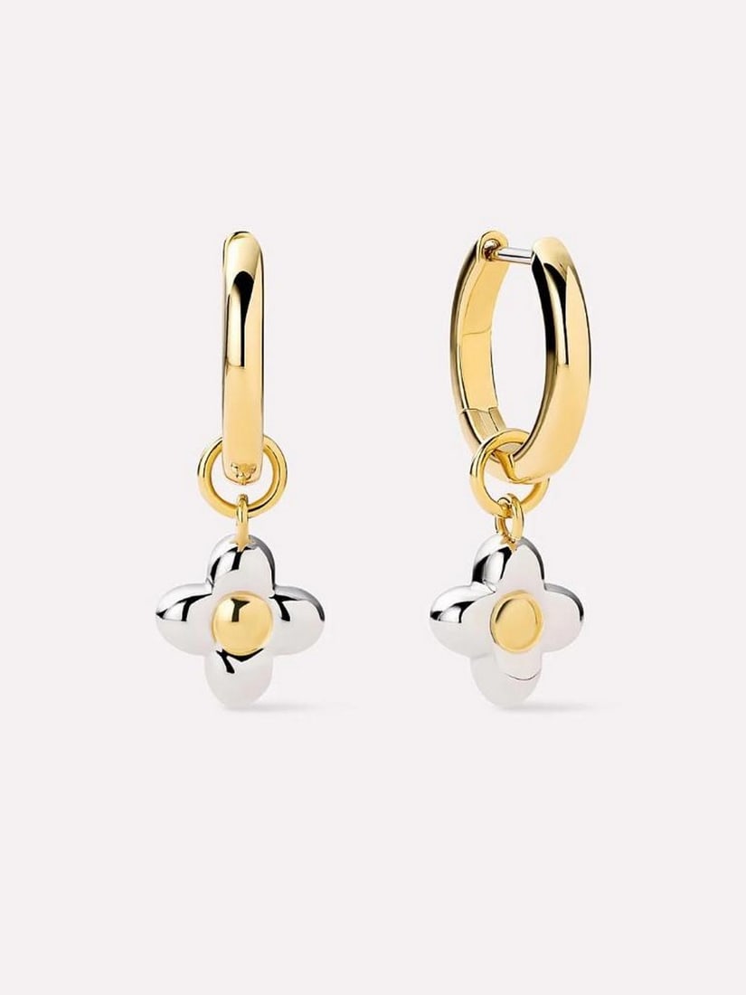 Bloom Mixed-Metal Flower Drop Hoop Earrings: Bloom Mixed-Metal Flower Drop Hoop Earrings Your mixed metal stack isn’t complete without these earrings. Plated in both 14k gold and rhodium, they feature classic hoops with dangling puffy flower