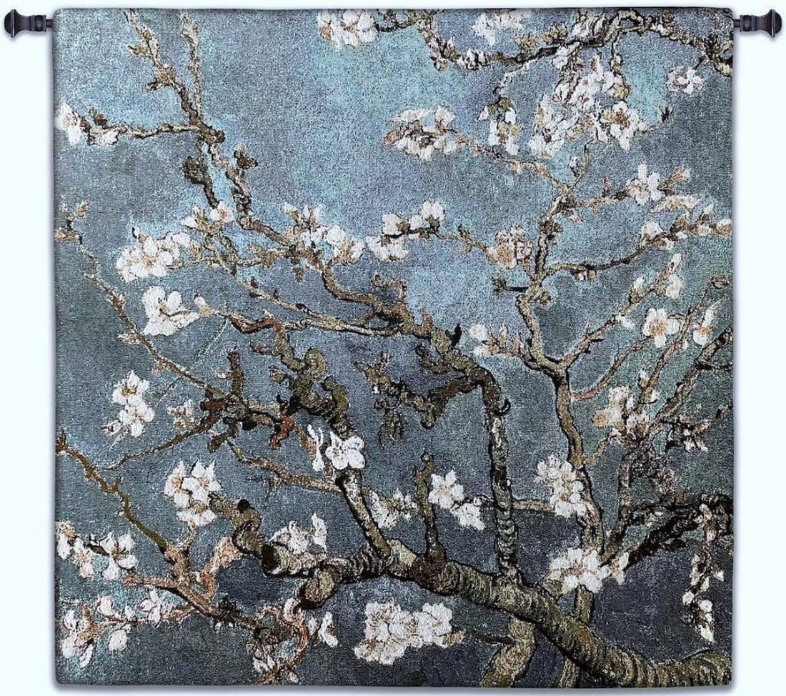 Almond Blossom Blue Square Wall Tapestry, Inspired by Vincent Van Gogh: Almond Blossom Blue Square Wall Tapestry, Inspired by Vincent Van Gogh This American-woven wall tapestry depicts delicate almond blossoms against a clear blue sky, inspired by Vincent Van Gogh’s 189