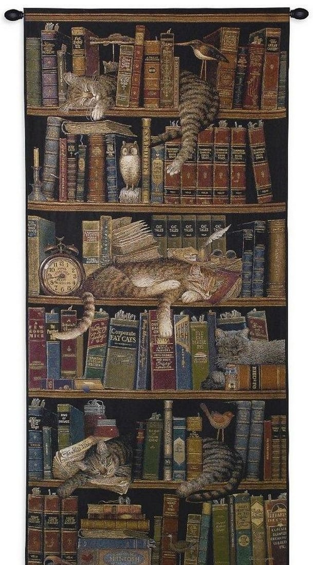 Classic Tails Library Cats Wall Tapestry: Classic Tails Library Cats Wall Tapestry This wall tapestry depicts four cats sleeping peacefully among books in a library setting. Inspired by the work of Charles Wysocki, the composition gives each