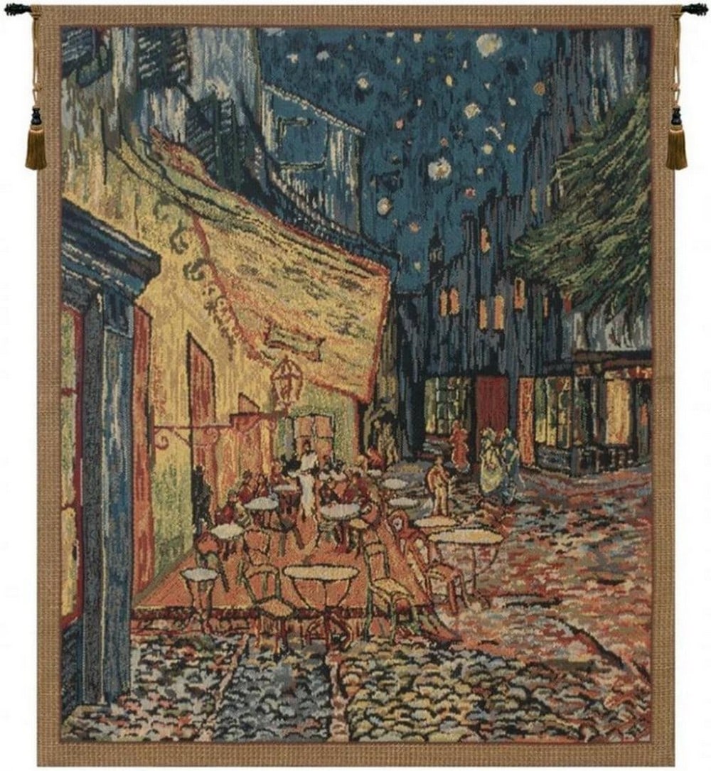 Café Terrace at Night I Belgian Wall Tapestry: Café Terrace at Night I Belgian Wall Tapestry This woven wall tapestry features imagery inspired by Café Terrace at Night, a celebrated work by Vincent van Gogh. The scene depicts an outdoor restaur