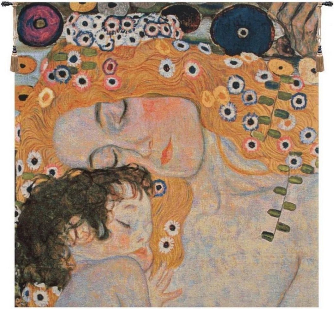 Eternal Embrace: Mother and Child I Belgian Wall Tapestry: Eternal Embrace: Mother and Child I Belgian Wall Tapestry This woven wall tapestry features imagery inspired by a tender maternal detail from The Three Ages of Woman by Gustav Klimt. The composition c