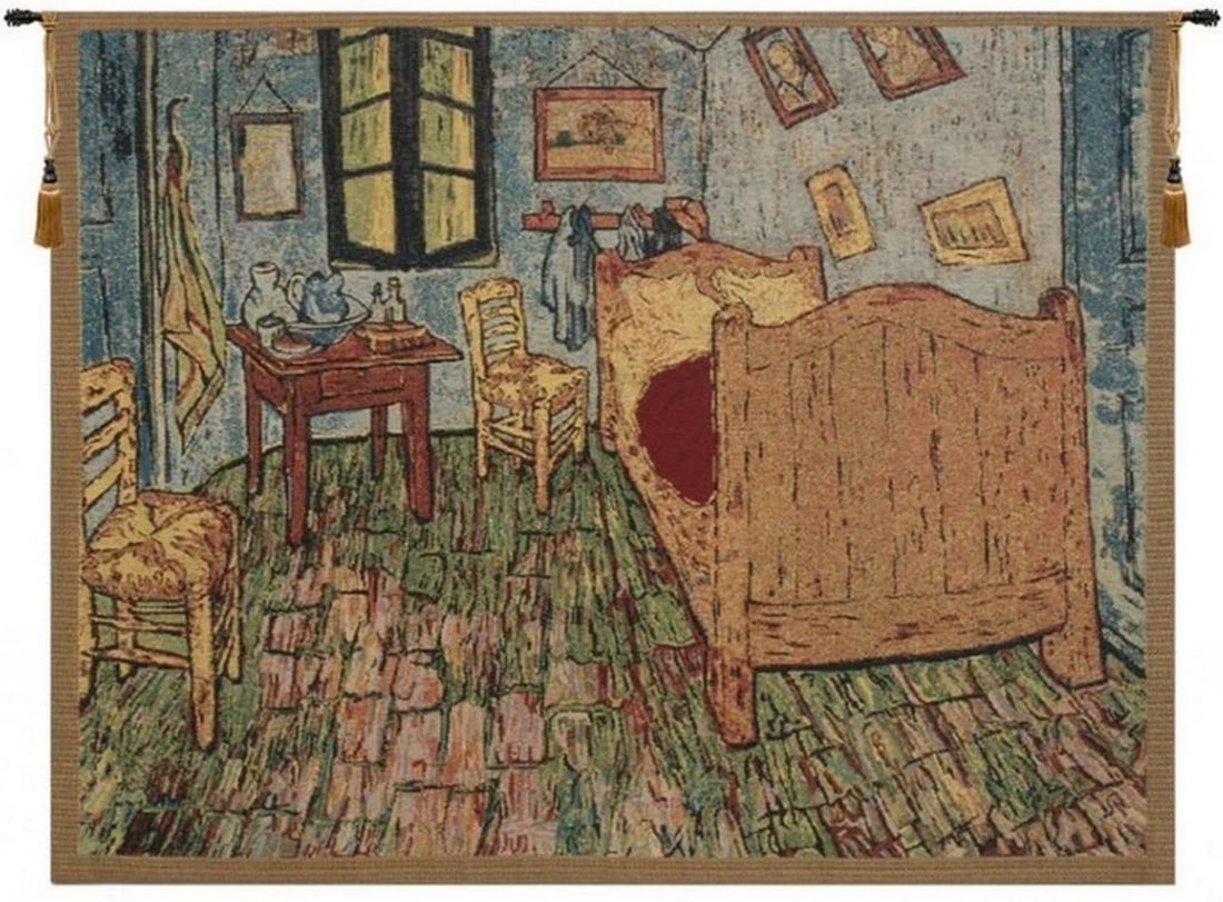 The Bedroom, Arles Belgian Wall Tapestry: The Bedroom, Arles Belgian Wall Tapestry This woven wall tapestry features imagery inspired by The Bedroom, painted by Vincent van Gogh in 1888 during his time in Arles. The composition presents the a