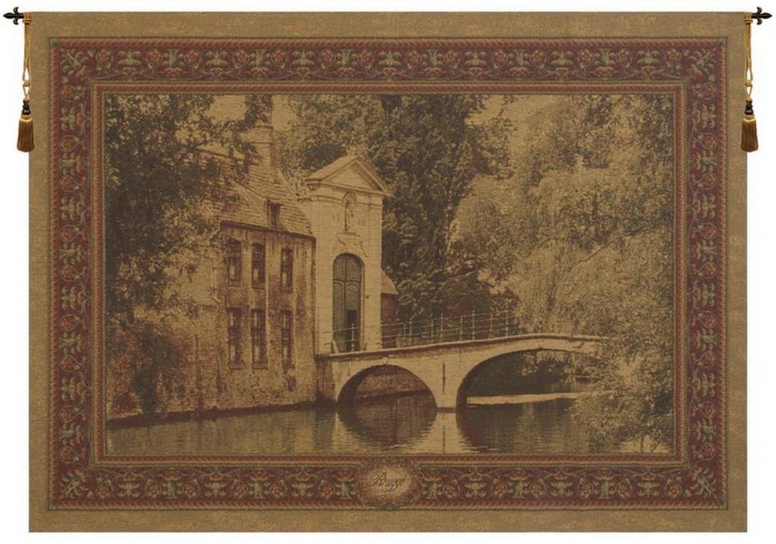 Brugge Canals Belgian Wall Tapestry: Brugge Canals Belgian Wall Tapestry This Belgian chenille wall tapestry depicts a charming bridge and canal scene in Brugge, Belgium, often called the “Venice of the North.” The composition ca