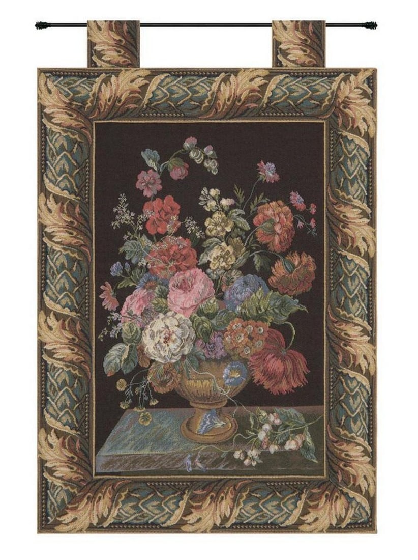 Midnight Blooms: Flower Basket Black European Wall Tapestry (1 of 2)
