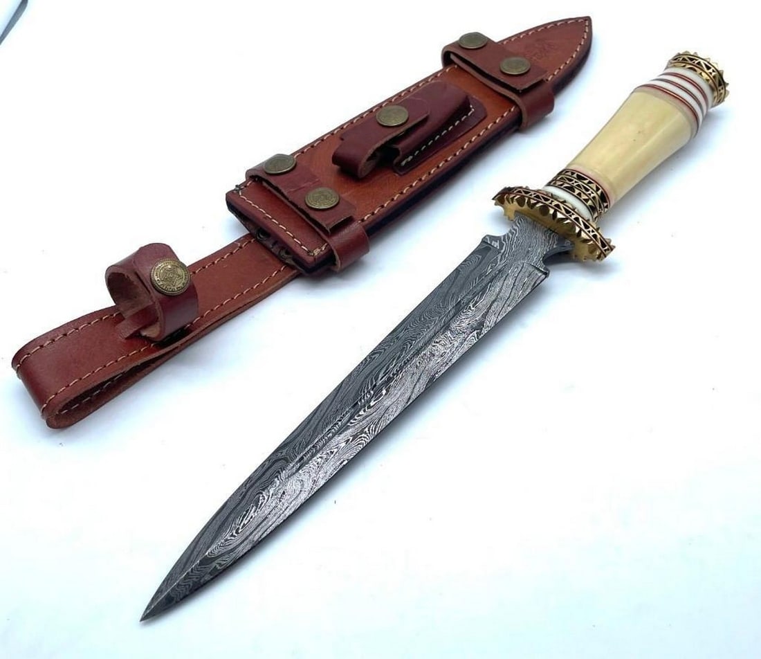 Dawn Bringer Damascus Dagger: Custom Handmade Damascus Steel Dagger Hunting Dagger Knife Handle Camel Bone with Brass Spacer Damascus Steel Blade with 256 Layers on it. HARDNESS 56-60 H R C VERY HIGH QUALITY GENUINE LEATHER SHEATH