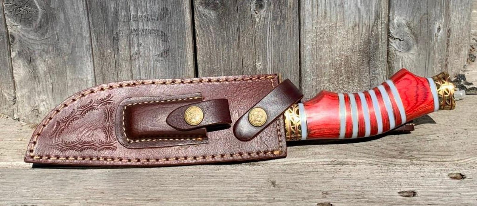 S Curve Inlaid Ribband Handled Damascus Steel Knife: Custom Made Damascus Knife With Genuine Leather Sheath To Keep The Blade Safe & Make Carrying & Storing Easy. Each Sheath Is Made From Genuine Leather & Stitched To Provide A Durable &