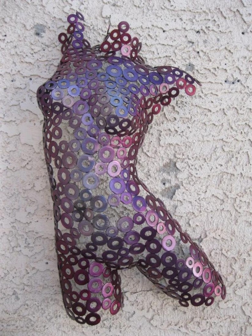 Reaching for Center VI Metal Torso Sculpture: Reaching for Center VI Metal Torso Sculpture Reaching for Center VI is a stunning female torso sculpture that blends metalwork with elements of painting, resulting in a unique, timeless piece of art.