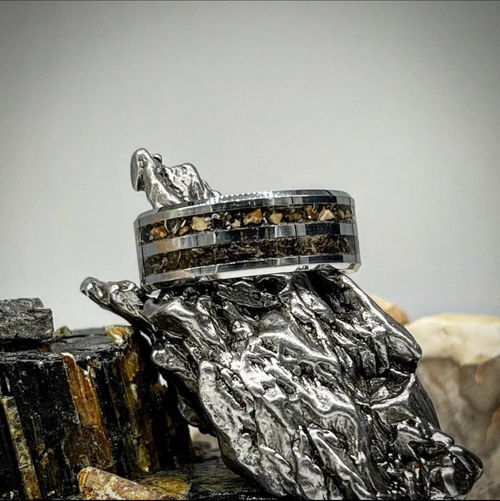 Tungsten Ancient Apex Ring - Size 10: Tungsten Ancient Apex Ring - Size 10 This double-channel ring features fossilized tooth fragments from two of the most legendary predators of the Mesozoic era: raptors and the formidable