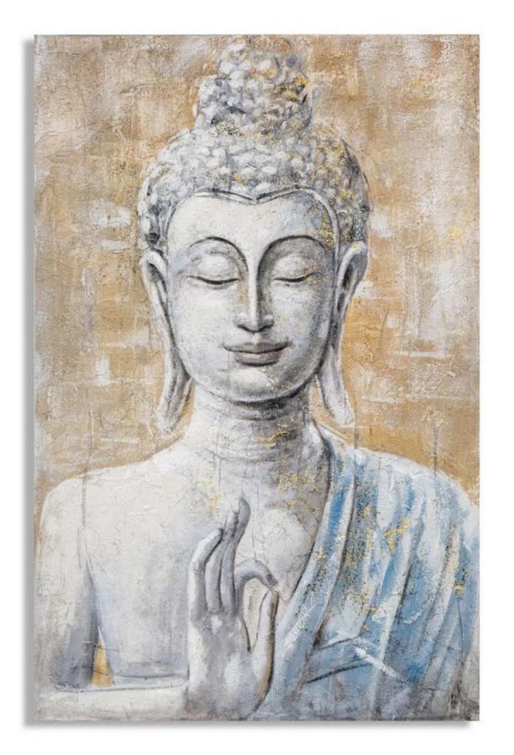 Sacred Buddha Canvas Painting: Sacred Buddha Canvas Painting A serene canvas artwork depicting the face of Buddha, designed to bring a sense of calm and reflection to any space. The piece is hand-finished with mixed painting techni