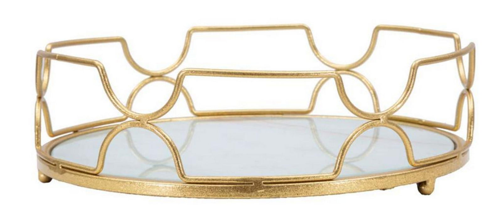 Modern Golden Metal Tray with a Glass Top: Modern Golden Metal Tray with a Glass Top Round Golden Metal Tray with Glass Top, featuring a design reminiscent of white marble for a touch of elegance in any room. Please note: This tray is for