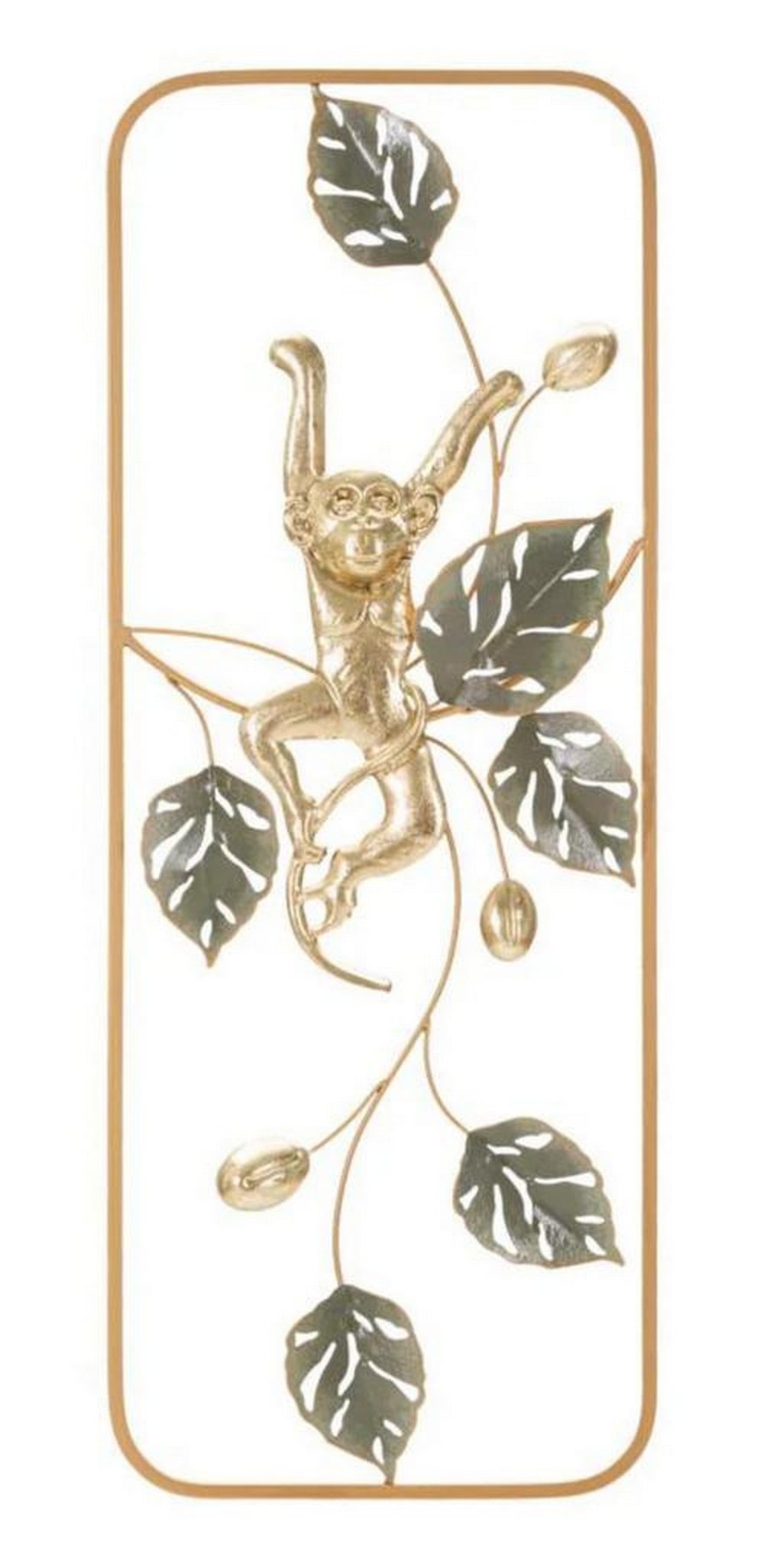 Jungle Monkey Metal Wall Art: Jungle Monkey Metal Wall Art Enhance your space with this decorative 3D metal wall panel, showcasing a golden monkey perched among branches and green leaves, all set within an elegant rectangular