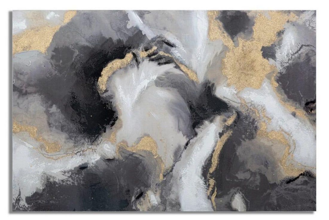 Modern Canvas Painting in Golden and Grey Marble: Modern Canvas Painting in Golden and Grey Marble This original abstract canvas features mesmerizing lines that harmoniously blend the brilliance of gold with the elegance of silver and black,