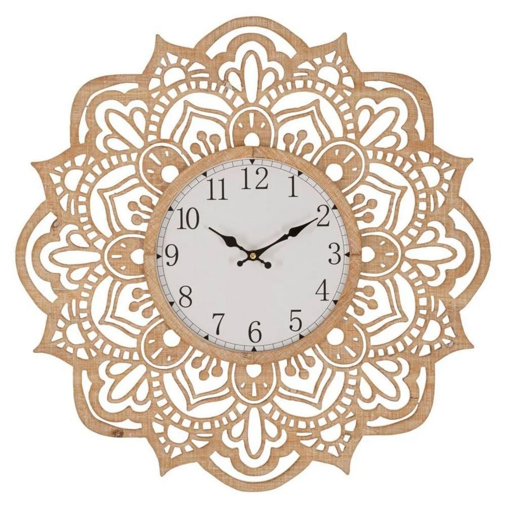 Mandala Wooden Wall Clock: Mandala Wooden Wall Clock A decorative wall clock crafted from MDF, featuring an intricately carved mandala frame reminiscent of lace. The detailed design adds texture and elegance, making it a