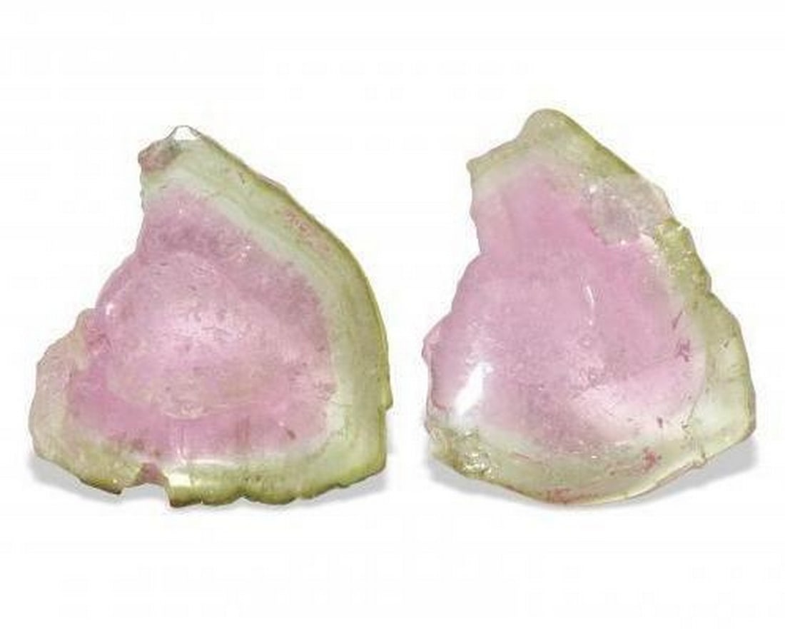 15.90 ct Natural Watermelon Tourmaline Gems, Fancy, Transparent, Mozambique: 15.90 ct Natural Watermelon Tourmaline Gems, Fancy, Transparent, Mozambique A pair of natural watermelon tourmaline gemstones with a total weight of 15.90 carats, averaging approximately 7.95 carats