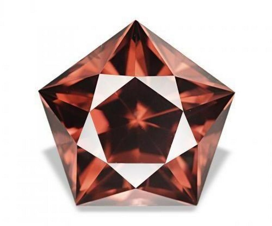 3.46 ct Natural Deep Rose Red Zircon, Pentagon, VVS, Cambodia: 3.46 ct Natural Deep Rose Red Zircon, Pentagon, VVS, Cambodia Natural zircon gemstone weighing 3.46 carats, cut in a pentagon faceted shape with a deep rose red color. The gem measures 8.83 x 8.47 x