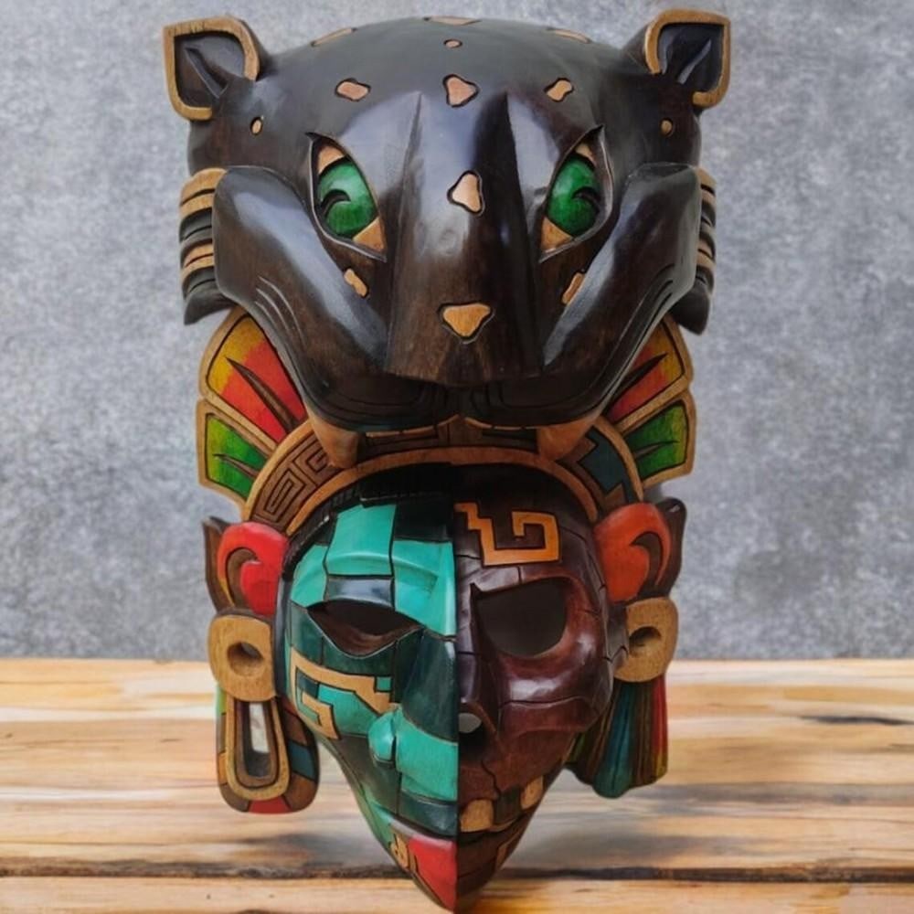 Jaguar Warrior 3D Wooden Mask: Jaguar Warrior 3D Wooden Mask This striking 3D wooden mask, meticulously handcrafted from cedar wood, depicts a powerful Jaguar warrior, one of the revered special forces in Aztec culture. Known for t