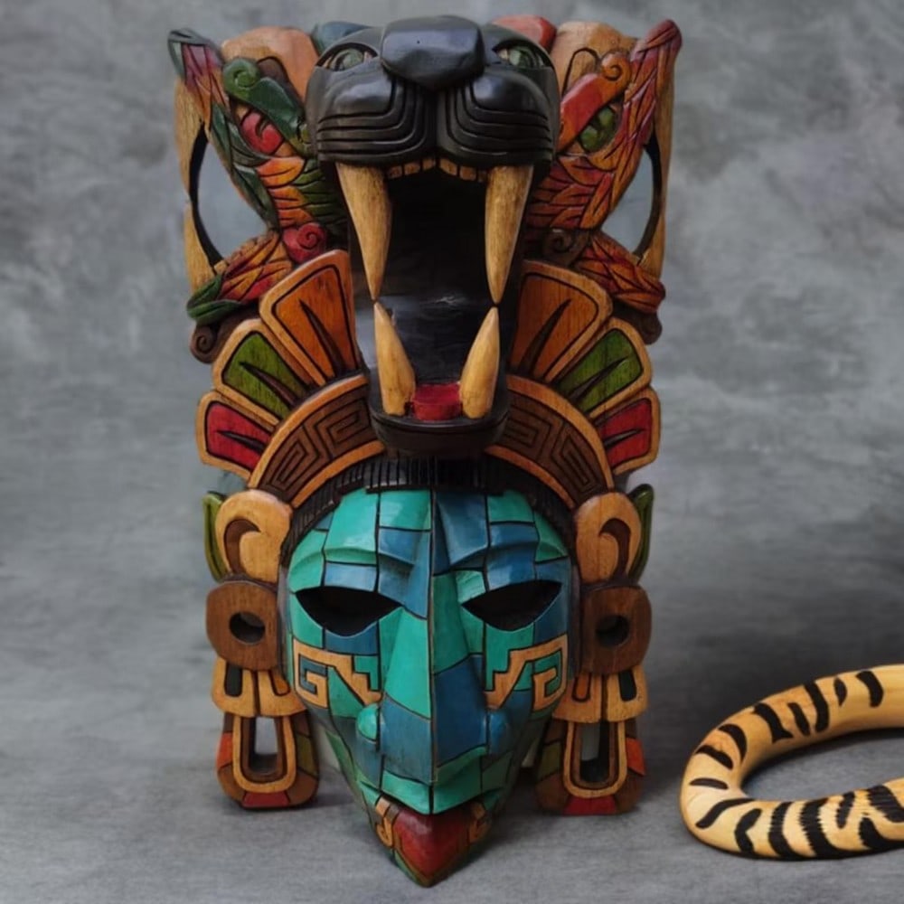 Hand Carved Mayan Spirit Mask: Hand Carved Mayan Spirit Mask This vibrant Mayan mask brings a striking touch to any living space, adding depth and cultural significance to your home décor. Traditionally, Mayan masks were crafted