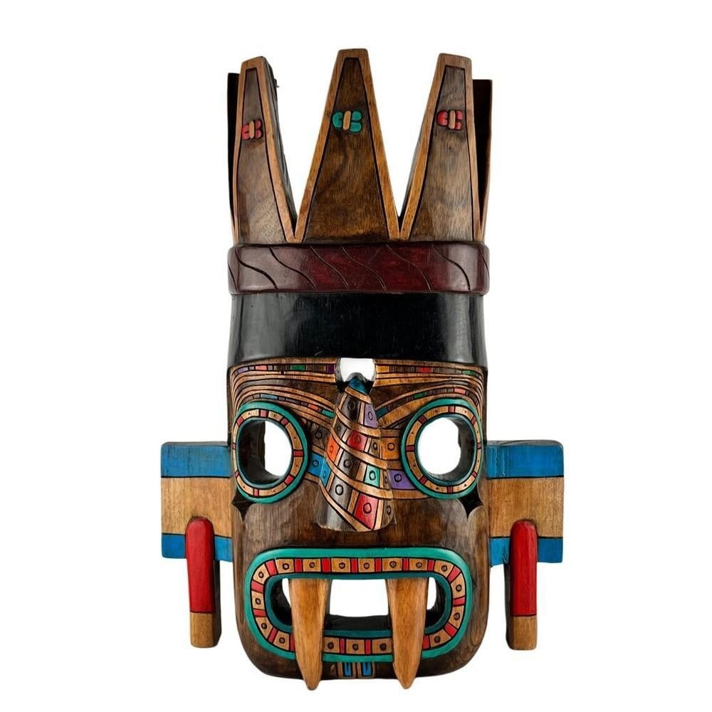 Tlaloc Rain God Wooden Mask: Tlaloc Rain God Wooden Mask Hand-carved from cedar wood, this striking mask depicts Tlaloc, the revered Mesoamerican god of rain and thunder. A powerful symbol of life and renewal, Tlaloc was believed