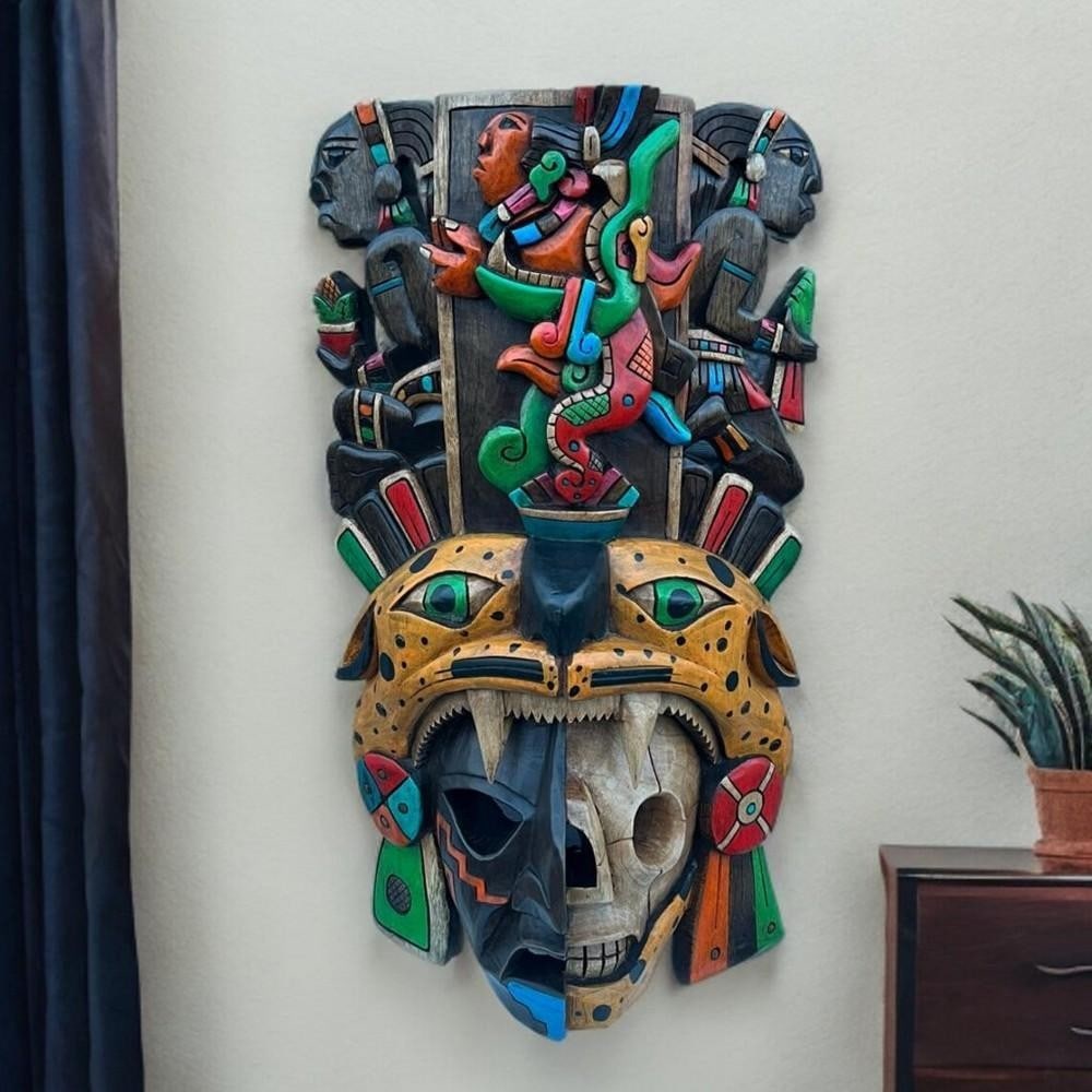 Mayan Warrior & Serpent Hand-Carved Mask: Mayan Warrior & Serpent Hand-Carved Mask This striking cedar wood mask blends elements of both Mayan and Aztec cultures, featuring intricate 3D carvings and vibrant tropical colors. The detailed c