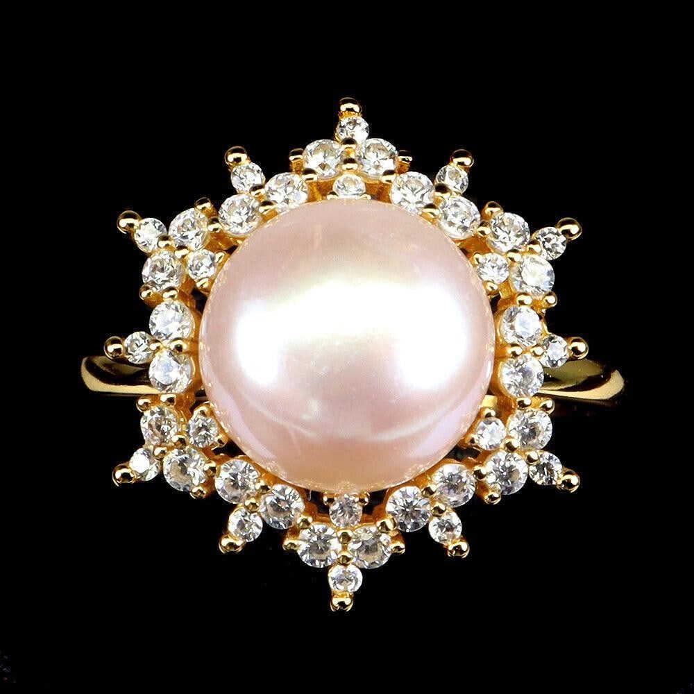 10mm Natural Round Pearl & Simulated CZ Gemstone Ring in 925 Sterling Silver - Size 8 (1 of 3)