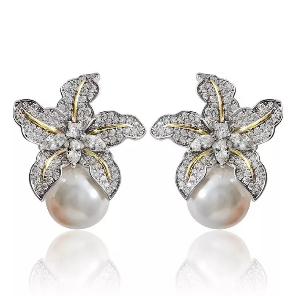 Elegant Two-Tone Silver-Filled Flower Earrings with White Pearl Drops (1 of 4)
