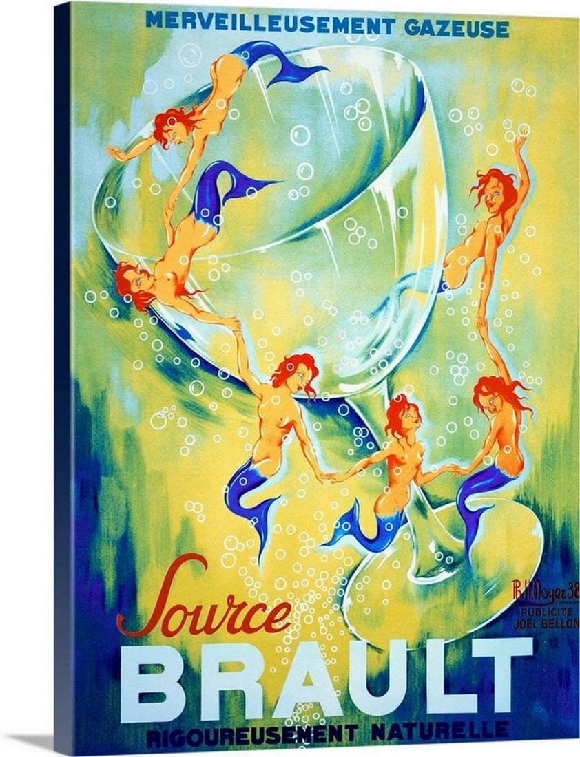 Source Brault Vintage Canvas Wall Art by Philippe Noyer: Source Brault Vintage Canvas Wall Art by Philippe Noyer "Source Brault," a vintage poster by Philippe Noyer, presents a striking scene of six mermaids gracefully swimming around a large