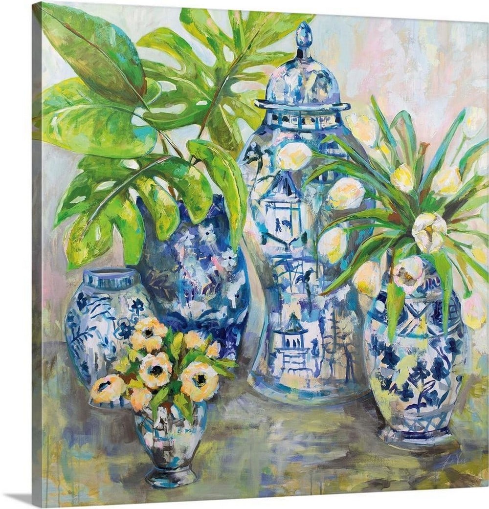 Spring Ginger Canvas Reproduction by Jeanette Vertentes: Spring Ginger Canvas Reproduction by Jeanette Vertentes “Spring Ginger” is an abstract floral composition featuring an expressive bouquet of vibrant, layered colors. Loose, gestural forms