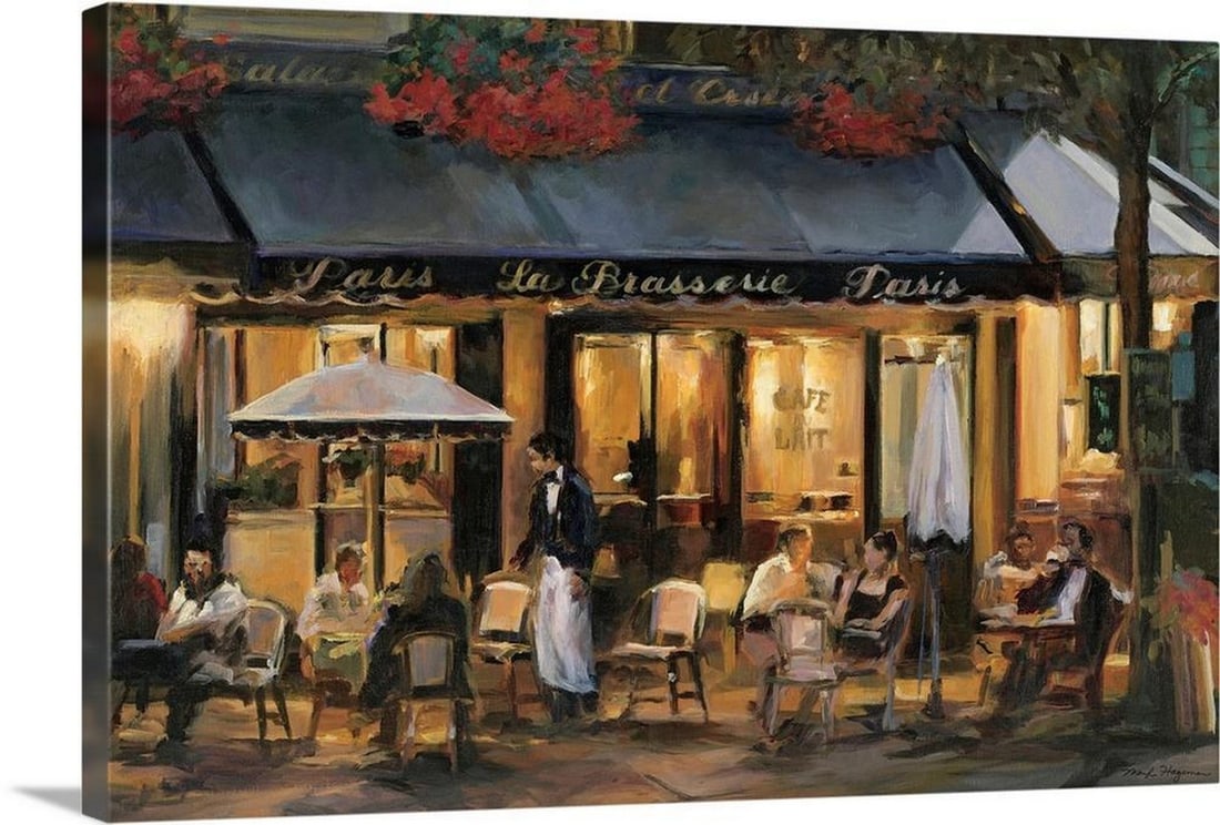 La Brasserie Canvas Reproduction by Marilyn Hageman: La Brasserie Canvas Reproduction by Marilyn Hageman “La Brasserie” depicts café patrons gathered at outdoor tables, bathed in the warm, ambient glow of a Parisian evening. Rendered with