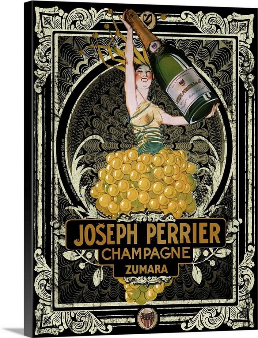 Joseph Perrier Champagne 2 Vintage Canvas Print: Joseph Perrier Champagne 2 Vintage Canvas Print This vintage poster, "Joseph Perrier Champagne 2," depicts a figure proudly holding a life-size bottle of champagne while standing in a bushel o