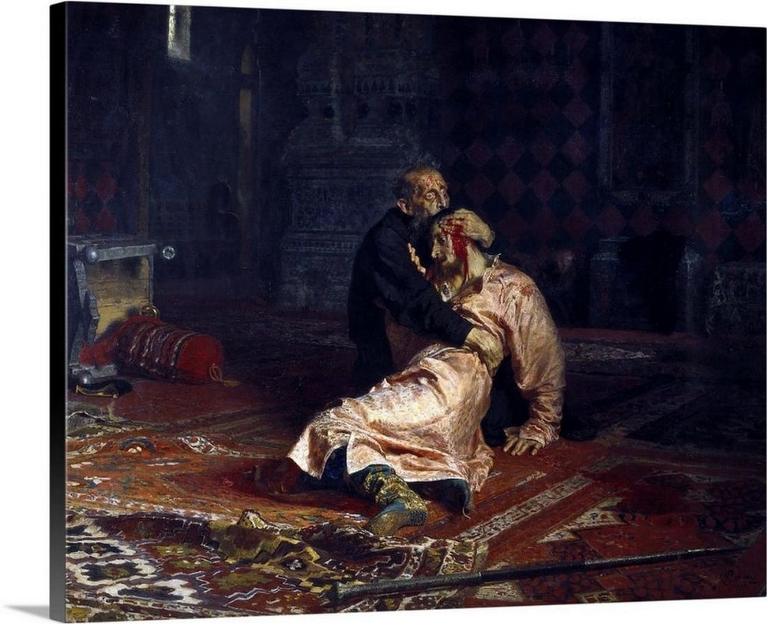 Ivan the Terrible and his son Ivan on Nov. 16, 1581 Wall Art Reproduction by Ilya Yefimovich Repin: Ivan the Terrible and his son Ivan on Nov. 16, 1581 Wall Art Reproduction by Ilya Yefimovich Repin Ivan the Terrible and His Son Ivan on November 16, 1581 (1885) by Ilya Yefimovich Repin is a haunting