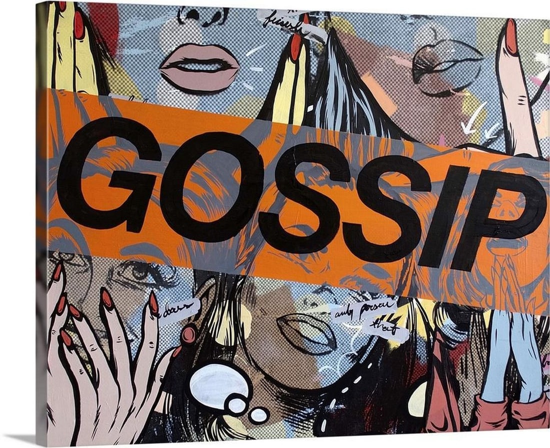 Gossiping Pop Art Canvas Reproduction by Dan Monteavaro: Gossiping Pop Art Canvas Reproduction by Dan Monteavaro "Gossiping" is a pop art piece featuring comic-style illustrations and bold text, inspired by Lichtenstein. It captures the essence of