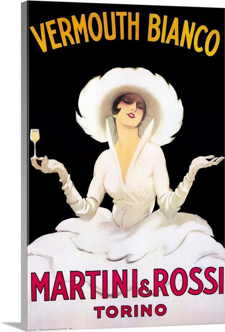 Vermouth Bianco Vintage Poster Canvas Reproduction: Vermouth Bianco Vintage Poster Canvas Reproduction Vermouth Bianco Vintage Poster Canvas Reproduction showcases a classic Martini advertisement with elegant typography and timeless Art Deco charm,