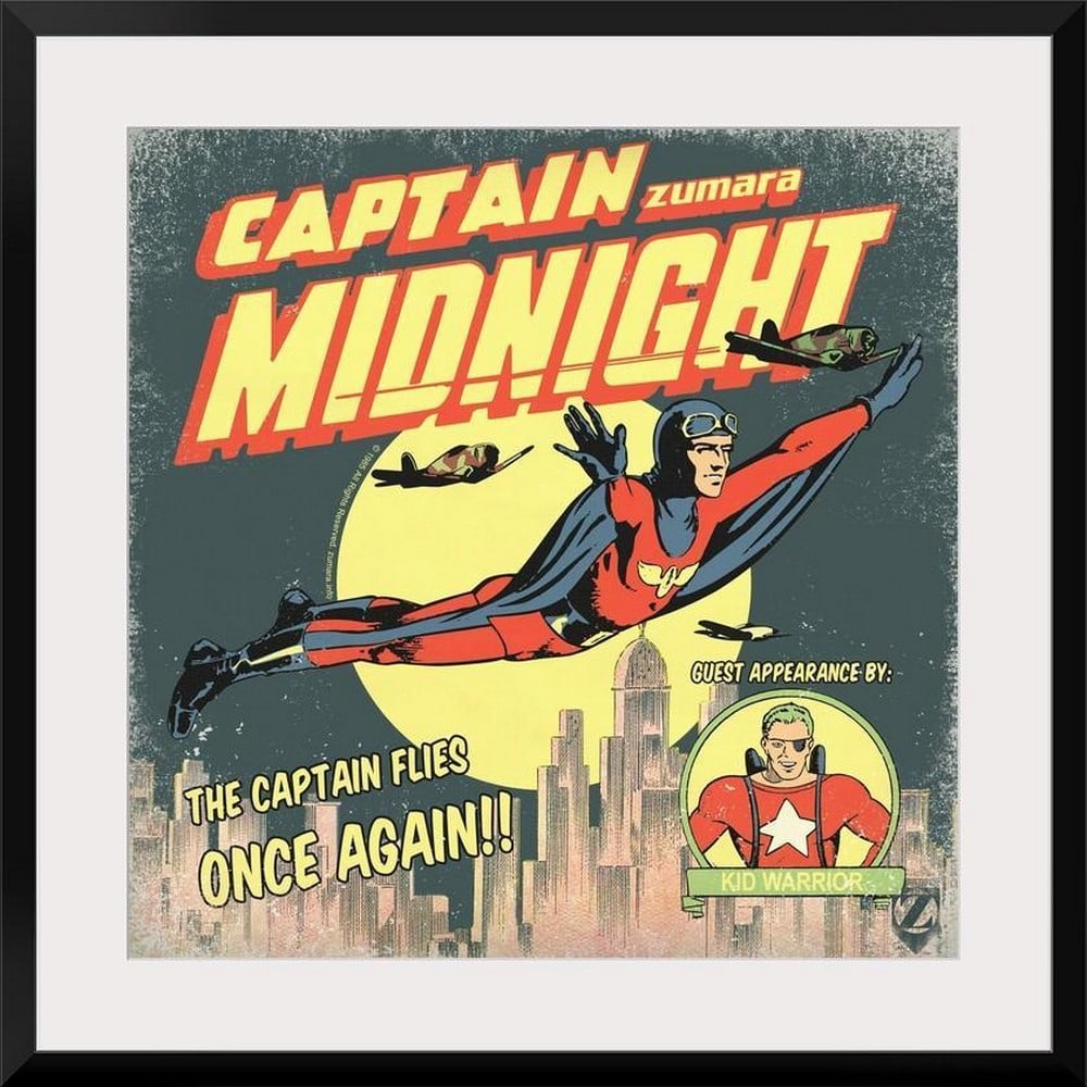 Captain Midnight and Kid Warrior Comic Framed Print: Captain Midnight and Kid Warrior Comic Framed Print "Captain Midnight & Kid Warrior" is a dynamic framed print that brings together two iconic heroes in a bold, comic-inspired style. The v