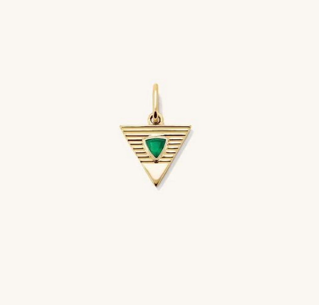 Triangle Onyx Charm in 14k Yellow Gold: Triangle Onyx Charm in 14k Yellow Gold Triangle-shaped charm crafted from 14k yellow gold, featuring a green onyx stone to represent the earth element. Designed to add a bold touch to any necklace or