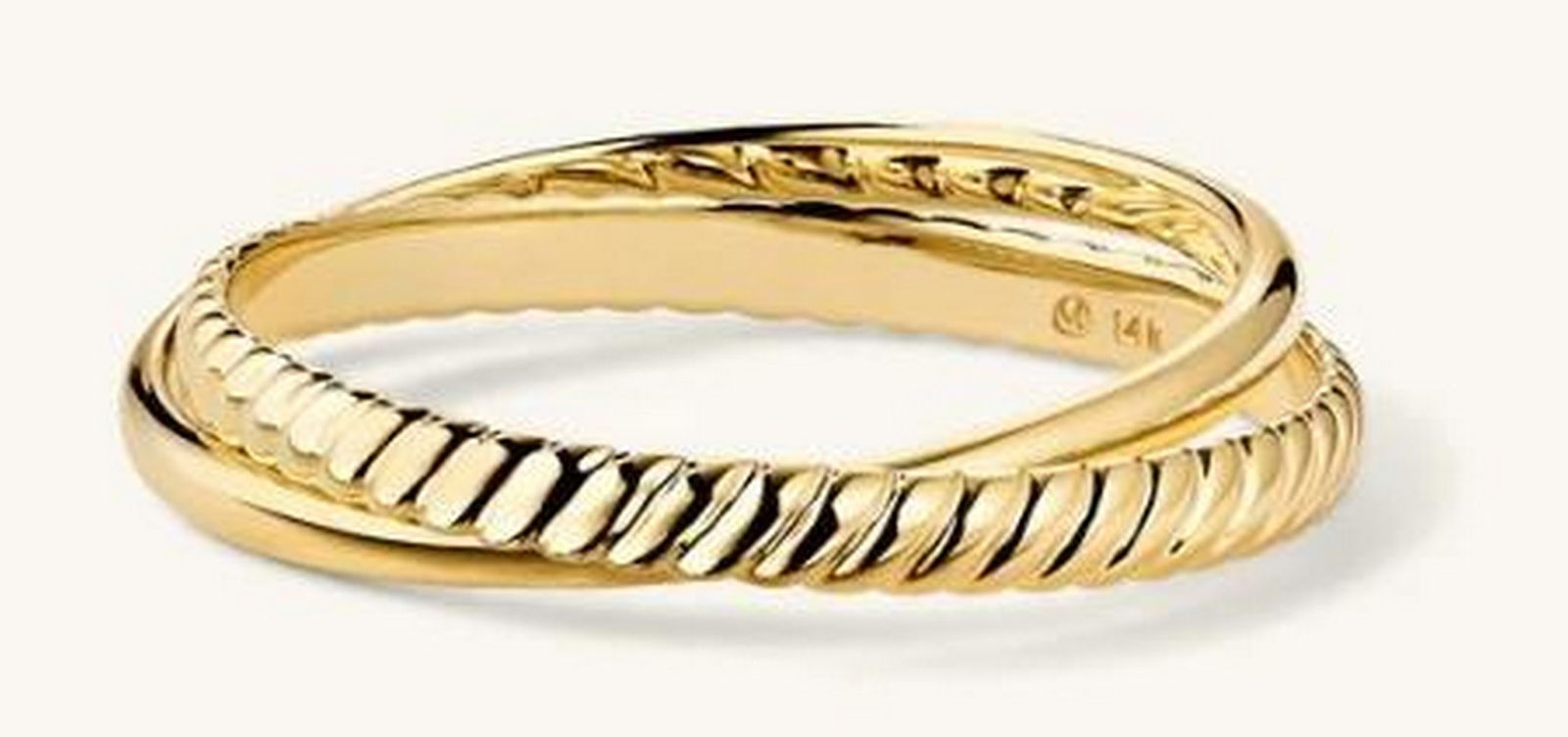 14K Yellow Gold Eternal Twist Duo Ring: 14K Yellow Gold Eternal Twist Duo Ring. This piece beautifully merges timeless elegance with a touch of contemporary flair. Crafted from 14K yellow gold, this stunning ring features two distinct bands