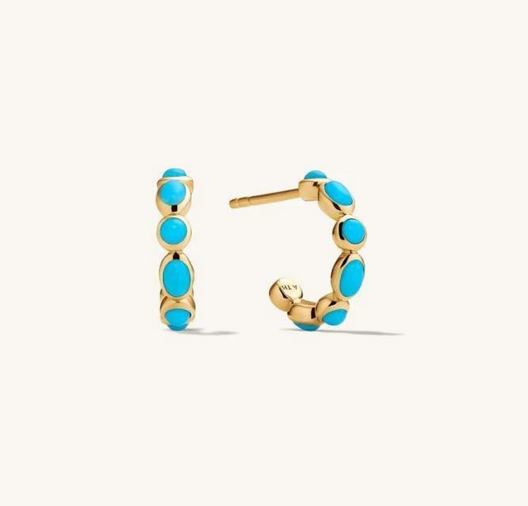 Elegant Gold and Turquoise Hoop Earrings: Elegant Gold and Turquoise Hoop Earrings These elegant hoop earrings showcase a stunning combination of gold and turquoise, creating a timeless and sophisticated look. The smooth, polished gold