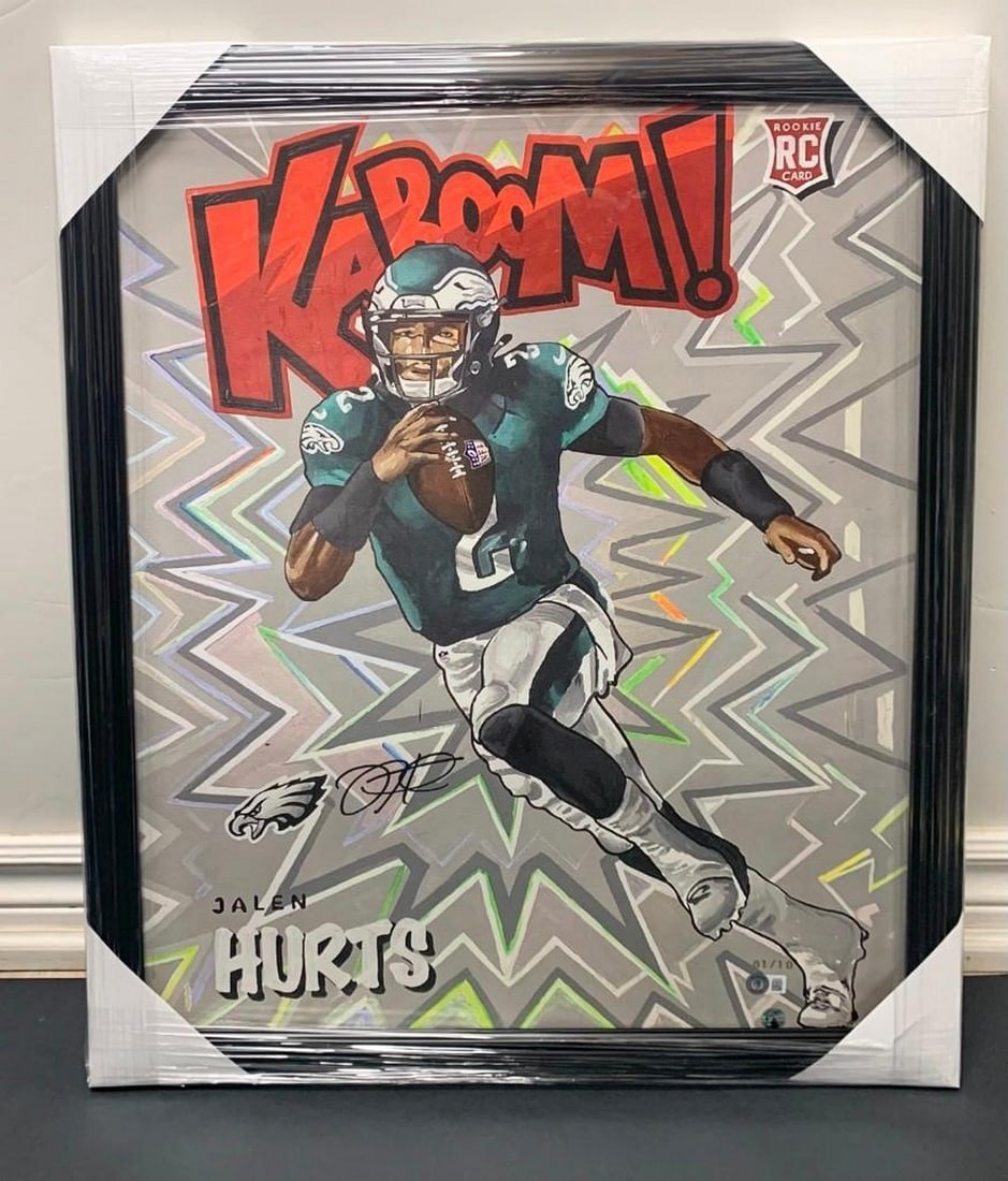 Jalen Hurts Print With Signature Kaboom Rookie Card- Gold Limited Edition With Black Frame: Authentic Jalen Hurts Print With Signature Kaboom Rookie Card Gold Limited Edition With Black Frame, 1 of 10 Beckett COA - 20" x 24" Art. This Is An Authentic Jalen Hurts Autographed Piece of
