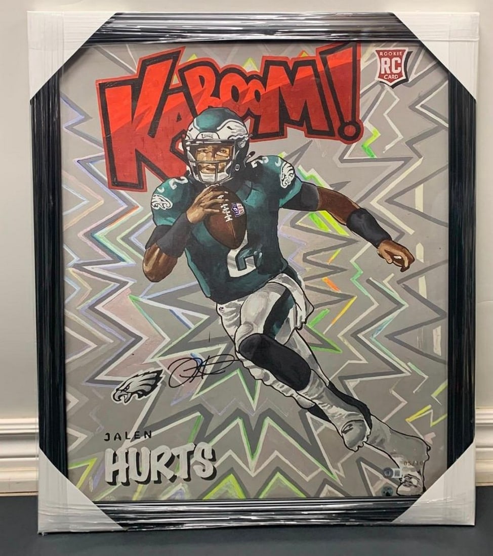 Jalen Hurts Print With Signature Kaboom Rookie Card- Gold Limited Edition With Black Frame: Authentic Jalen Hurts Print With Signature Kaboom Rookie Card Gold Limited Edition With Black Frame, 5 of 10 Beckett COA - 20" x 24" Art. This Is An Authentic Jalen Hurts Autographed Piece of